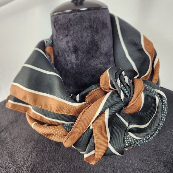 Vintage Square Womens Scarf Hairtie Italy 26 x 26 Black Brown Fall Winter - Picture 3 of 6